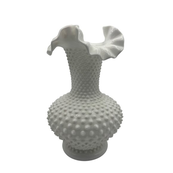 Fenton White Hobnail Milk Glass Vase With Ruffled Rim - Picture 3 of 6
